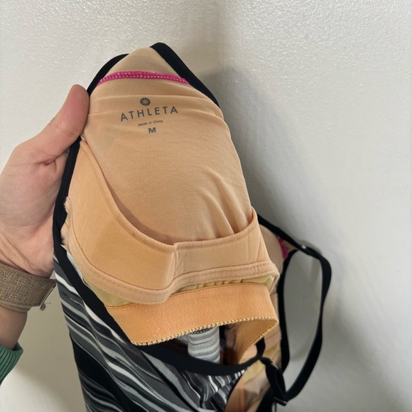 Athleta Shorebreak Black Grey Striped Swim Dress Built in Bra Athletic Sz Medium - Picture 7 of 9